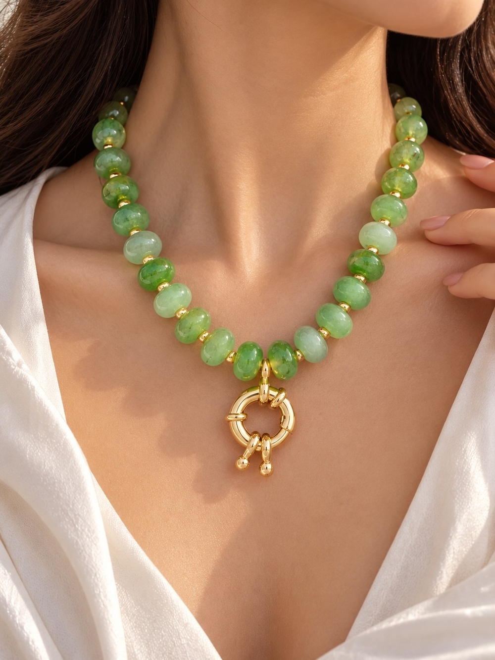 Green Jade Bead Necklace with Gold Ring Pendant